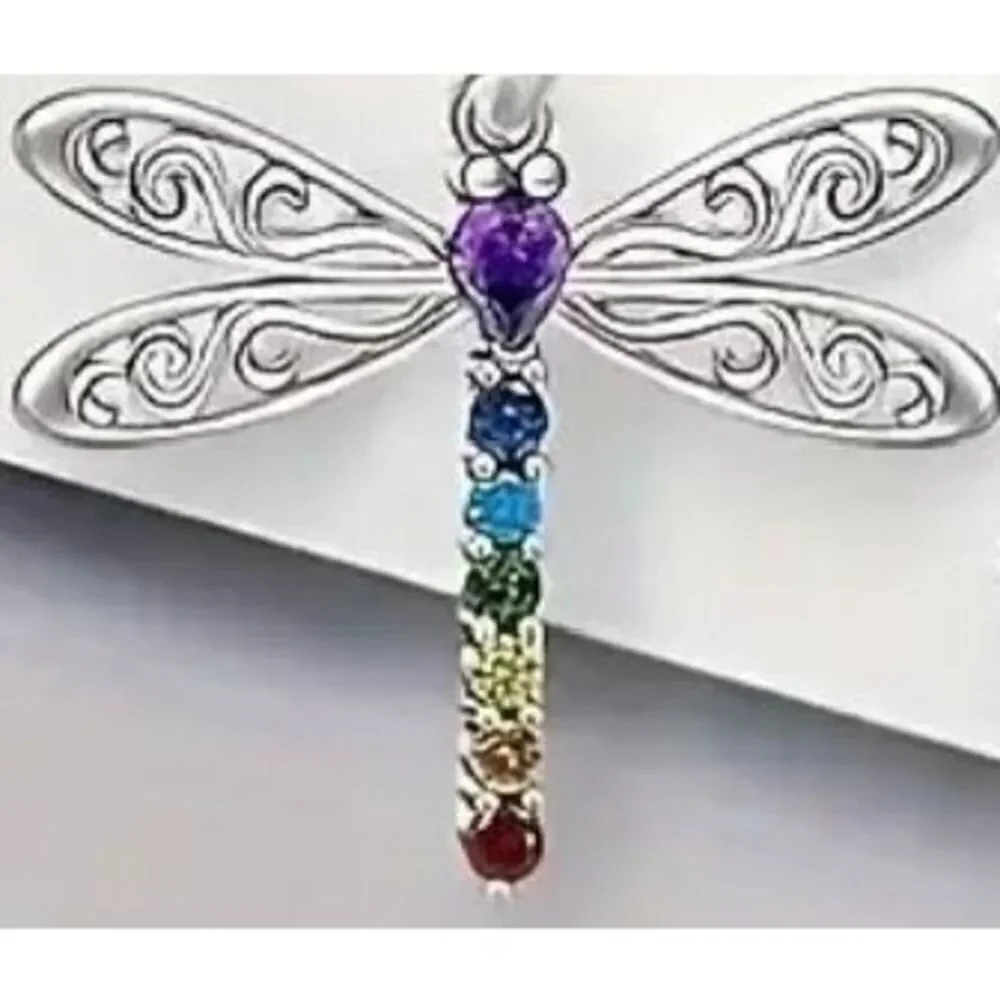 NWT Gorgeous Silver Dragonfly Long 17.7” Chain Necklace w/ Colorful Rhinestones - Picture 3 of 7
